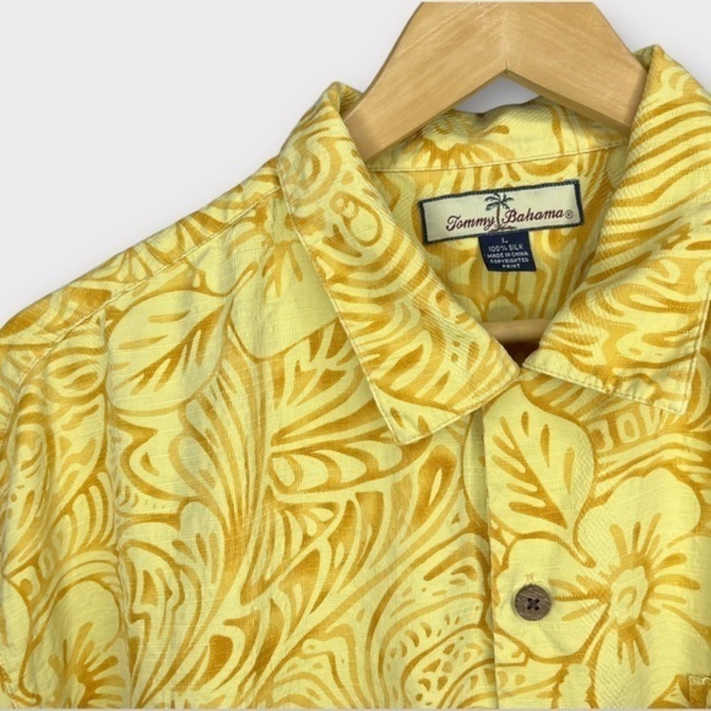 Tommy Bahama Vintage Bright Yellow Silk‎ Hibiscus Floral Short Sleeve Shirt L